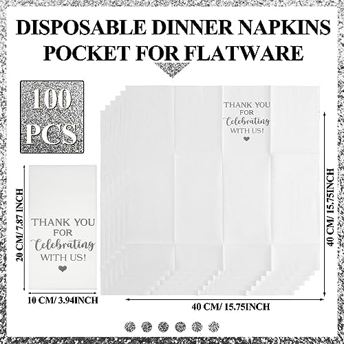 Fuutreo 100 Pcs Wedding Linen Feel Napkins Pocket Disposable Flatware Airlaid Paper Absorbent Dinner Napkins for Wedding Shower Engagement Party Decorations(Silver)