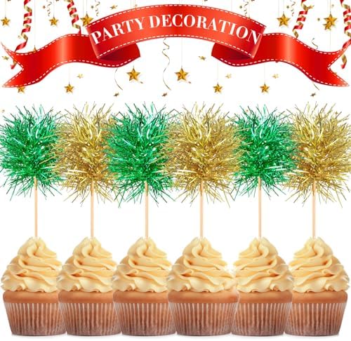 Chinco 100 Pcs Foil Firework Cupcake Toppers Sparkle Tinsel Cake Toppers Cake Decoration Cocktail Fruit Toothpick for Christmas Birthday Wedding Graduation Party Decoration (Green, Gold)