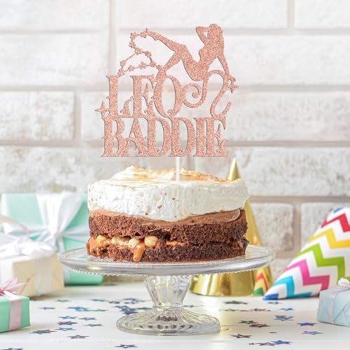 Leo Baddie Cake Topper, Big Leo Energy Cake Décor, 12 Constellation July August Happy Birthday Horoscope Zodiac Themed Birthday Party Decoration Supplies, Rose Gold Glitter
