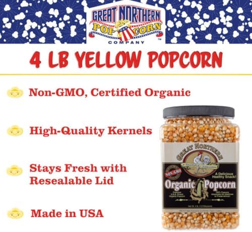 Organic Popcorn Kernels - 4lb Resealable Bulk Jug of Yellow Gourmet Popping Corn for Microwave, Stovetop, and Popper Machine by Great Northern Popcorn
