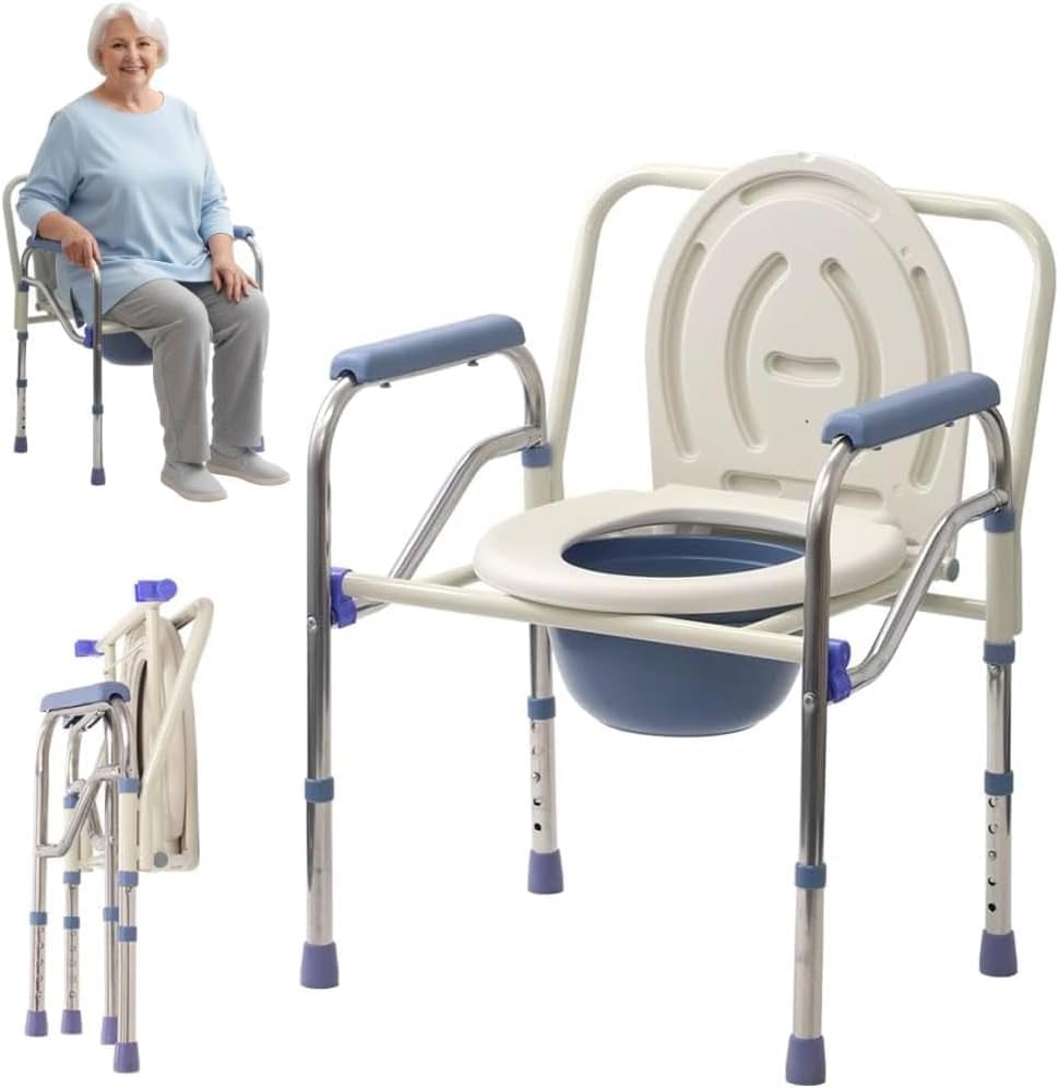 Japard Folding Bedside Commode Toilet for Seniors Adults Portable, Standard Seat, Sturdy Steel Frame, 5.3 QT. Bucket, 330 lbs Weight Capacity, Tool-Free Assembly