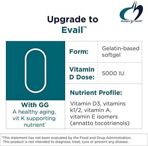 Designs for Health ADK Evail - 5000 IU VIT D3 with Vitamins A, E (Annatto Gamma Delta Tocotrienols), K (K1 + K2) - Fat Soluble Vitamin D Complex - Bone + Immune Support - Non-GMO (60 Softgels)