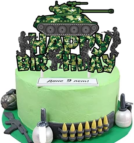 Camo Cake Topper Tank Birthday Cake Decoration Camouflage Happy Birthday Cake Decor for Army Soldier Military Theme Baby Shower Supplies