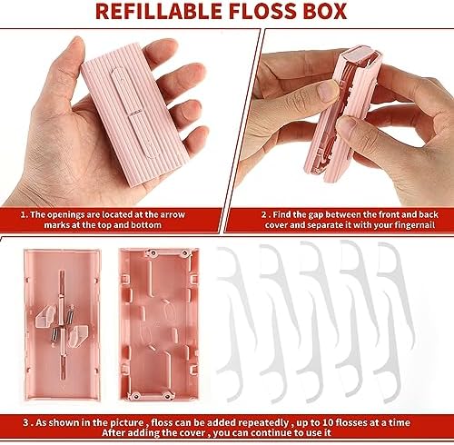 WLLHYF Portable Dental Floss Case Automatic Dental Floss Pick Organizer Case Travel Flosser Dispenser Storage Case Refillable Holder Boxes with 10 Floss Picks for Teeth Cleaning (Pink)