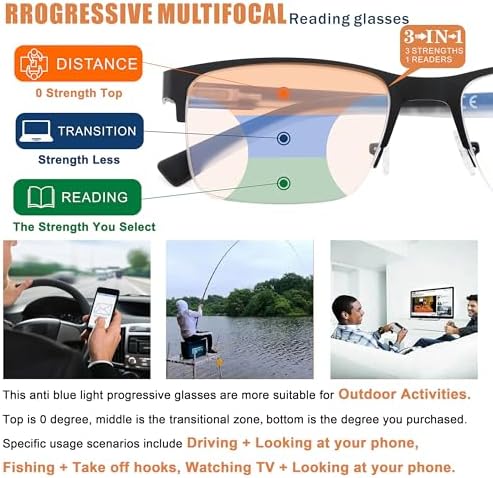 Multifocus Reading Glasses Men Bifocal No Line Progressive Multifocal Reader Blue Light Computer Frame Eyeglasses 2pk