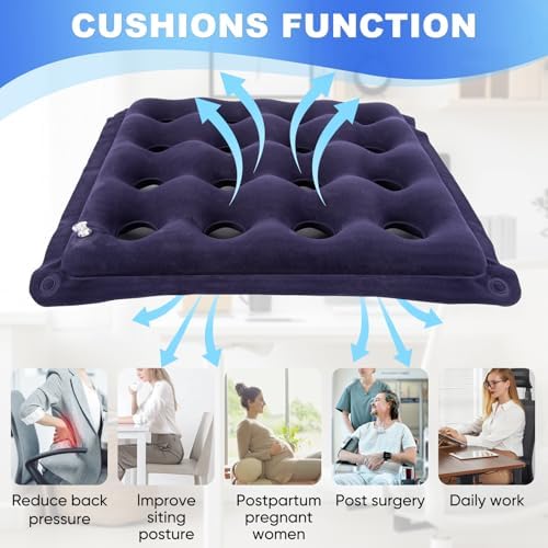 2-Pack Waffle Inflatable Seat Cushions with Pump, 18 Inch Beige 16-Hole Air Cushion for Pressure Relief, Wheelchair, Office Chair, Car Seat & Travel (Purple&Beige)