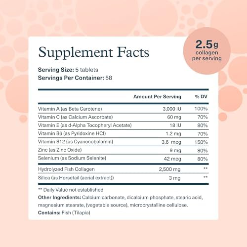 Youtheory Marine Collagen Tablets - 2,500 mg Fish-Sourced Collagen Peptides- with Vitamins A, C, E, B6 & B12 - Supports Joint & Nail Health* - Highly Absorbable - 290 Tablets (58-Day Supply)