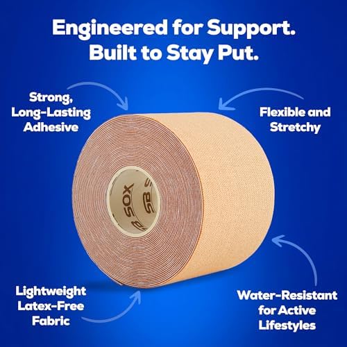 SB SOX Original Cotton Kinesiology Tape Roll – Best Latex Free Athletic Tape for Muscles/Joints – Waterproof, Stretchy, and Gentle on Skin (16ft)