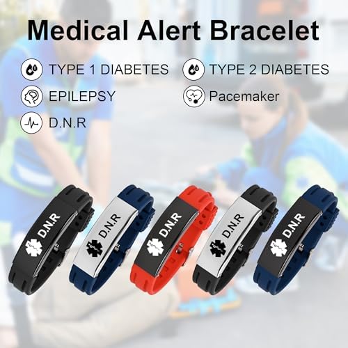Medical Alert Bracelet for Women Men, Adjustable Medical Alert ID Silicone Wristband for Diabetic D.N.R Pacemaker Epilepsy