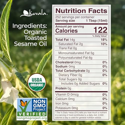 Kevala Organic Toasted Sesame Oil – Cold-Pressed, Unrefined, Pure Sesame Seed Oil for Cooking, Marinades, and Dressings; USDA Organic, Kosher, Non-GMO Certified – Vegetable Oil Alternative – 64 Fl Oz | 1-Pack
