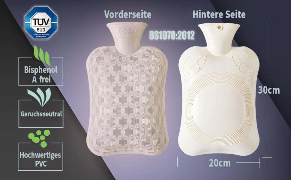 Hot Water Bottle with Hand Pocket Cover–2.0L BPA Free PVC Water Bag, Odorless Superior Material, Grey