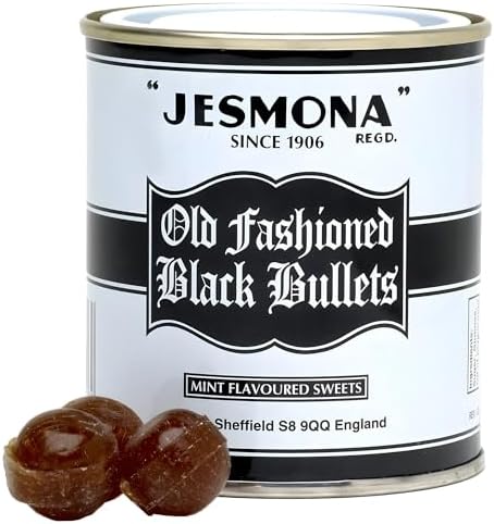 Jesmona Old Fashioned Black Bullets 250g (8.8 Oz) - Mint Flavored British Hard Candy Gift Tin, Peppermint Balls English Boiled Sweets, Travel Sweet & Imported Confectionery Treat from England, UK
