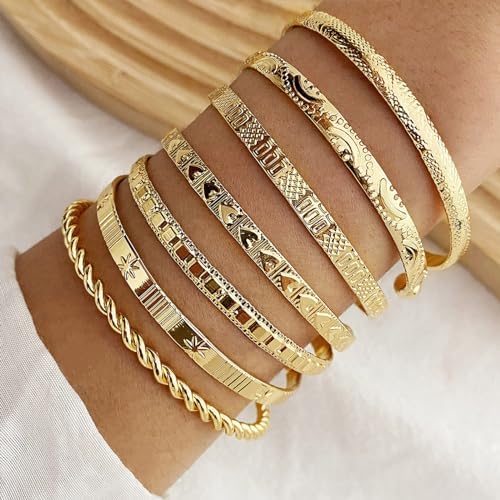 IFKM Gold Bangles Bracelets for Women Girls 14k Gold Plated Multi Layer Stackable Cuff Bracelet Set