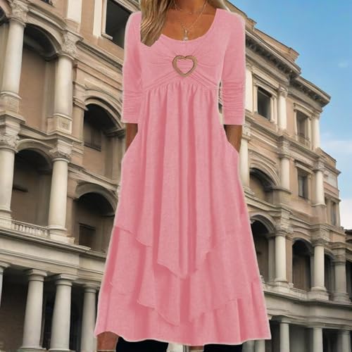 Zhyaj Winter Dresses for Women Wedding Guests Casual Cute Heart Long Sleeve Tiered Maxi Dress with Pockets Plus Size