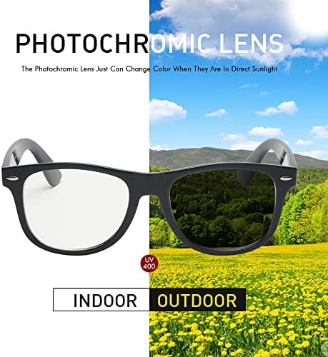 Photochromic Day Night Sunglasses Blue Light Blocking Glasses for Men and Women Retro Rectangle Black Frame Photochromic Lens