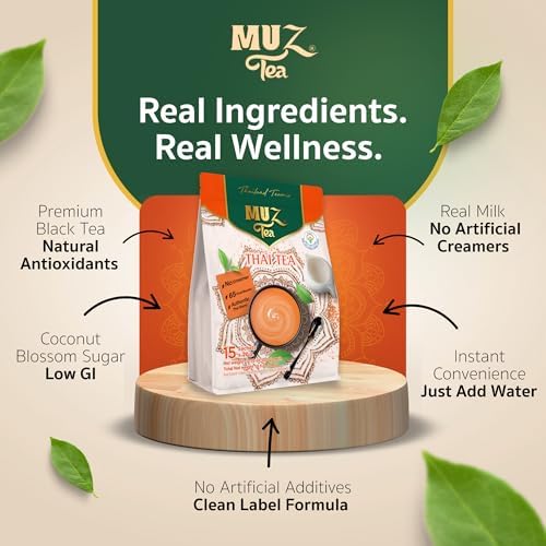 MUZ Tea Premium Instant Thai Tea Mix – Real Milk, No Creamers – Low GI Coconut Blossom Sugar – Only 65 Calories – Thai Tea Powder – Just Add Water – 15 Sachets