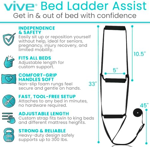 Vive Bed Ladder Assist - Pull Up Assist Device with Handle Strap - Rope Ladder Caddie Helper - Sitting, Sit Up Hoist for Elderly, Senior, Injury Recovery Patient, Pregnant, Handicap - Padded Hand Grip