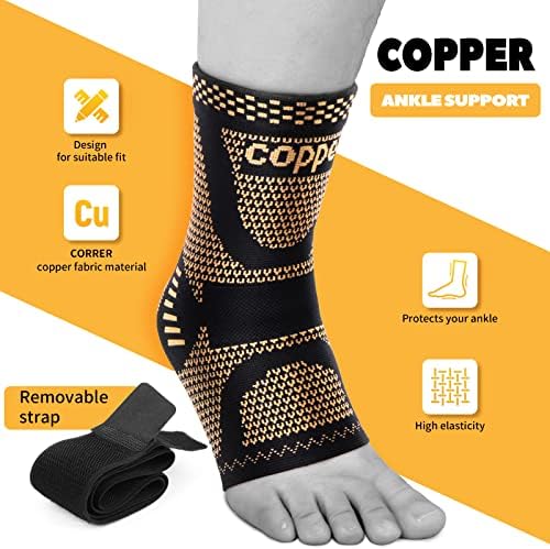 JIUFENTIAN Copper Ankle Brace Adjustable Compression Sleeve (Pair)-Ankle Support Heel Brace for Achilles Tendonitis, Plantar Fasciitis-Eases Swelling and Sprained Ankle(Medium)