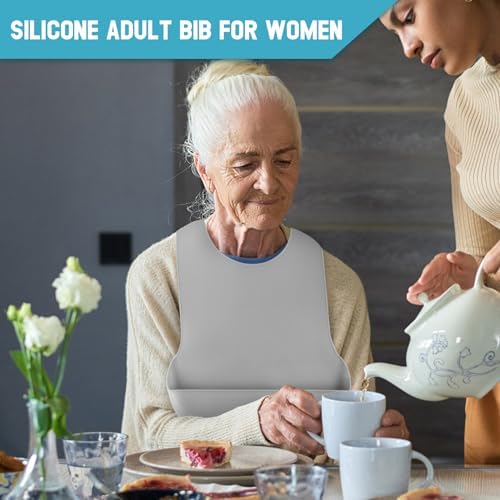 Adjustable Silicone Adult Bib, Washable Bib for Men & Women, Waterproof bib for Elderly with Crumb Catcher