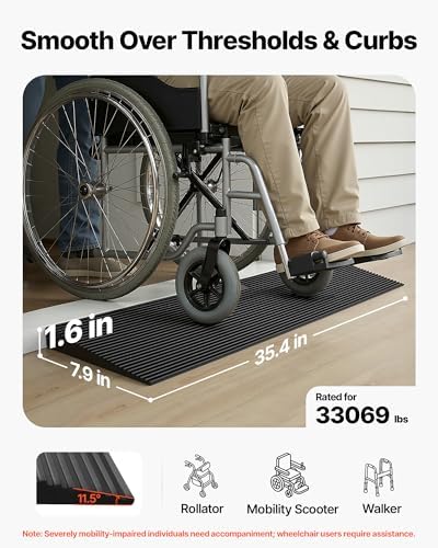 VEVOR 1.6" Rise Cuttable Threshold Ramp for Doorways, 35.4" Wide Natural Rubber Wheelchair Ramp, Non-Slip Solid Rubber Ramp with Double-Sided Tape for Doorways,Driveways,Bathroom,Smooth Tile
