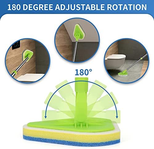 2 in 1 Scrub Cleaning Brush with 37” Long Extendable Handle,1 Stiff Bristle and 3 Sponge Brushes, Lightweigh Detachable Shower Scrubber for Cleaning Bathroom Shower Bathtub Glass Tile Floor
