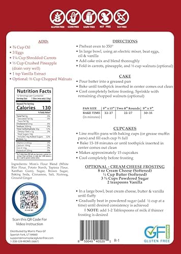 Mom's Place Gluten-Free Carrot Cake Mix – Moist, Spiced, and Dairy-Free – Allergen-Friendly, Non-GMO, Easy to Prepare 15.3 Oz