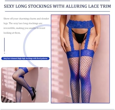 FRENZCOY Fishnet Stockings for Women Sexy Lace Fishnet Thigh High Stockings,Antiskid Garter Belt and Thigh Highs Set