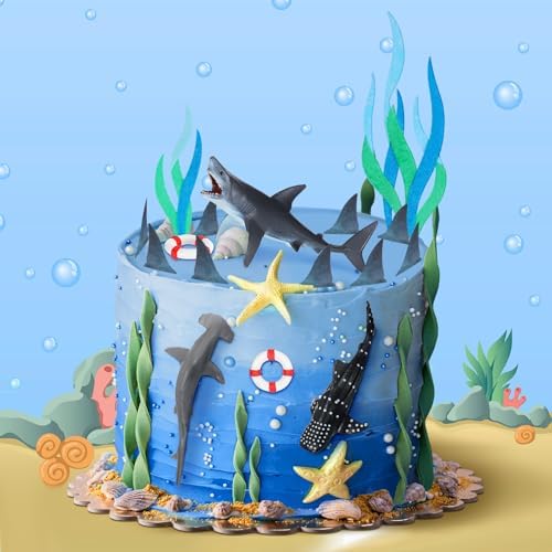 Geyee 18 Pack Shark Cake Toppers for Attack Sea Creatures Decor Shark Figurines Decorations Ocean Theme Cupcake Picks for Birthday Shower Party Favors Supplies
