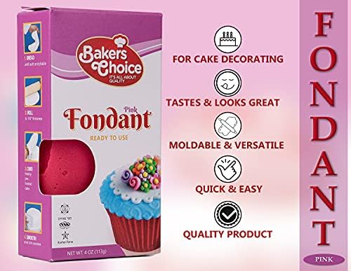 Bakers Choice Pink Fondant Icing - 4 oz, Ready to Use Cake Decorating Frosting Easy Roll, Moldable, Kosher, Dairy Free, and Nut Free For Cakes Cupcakes Cookies By Bakers