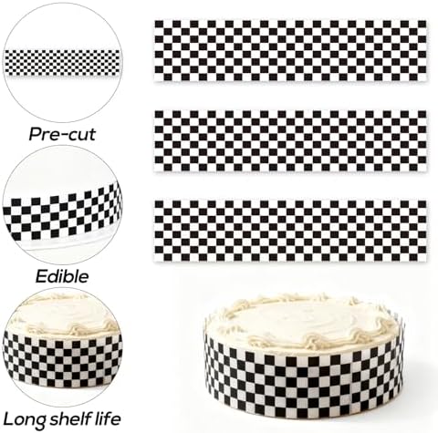 3pcs Edible Cake Borders, 28x6.2cm/11x2.44 Inch Black and White Checkered Birthday Cake Wrap Border Strips Pre-Cut Rice Image Paper Cakes Toppers Decorations for Racing Car Theme Birthday Party