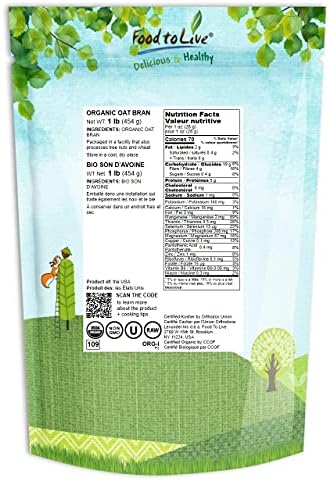 Food to Live Organic Oat Bran, 1 Pound Non-GMO, Kosher, Vegan, Bulk, High Fiber Hot Cereal, Milled from High Protein Oats