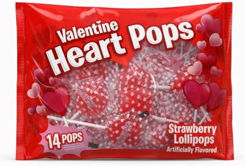 Valentine Heart Pops Strawberry Lollipops, Red Heart Shaped Hard Candy Suckers, Individually Wrapped, 42 Count