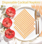 SietDESEO 50 Pieces Orange Striped Napkins Disposable 3-Ply Orange and White Striped Cocktail Napkins Paper Dinner Napkins for Birthday Baby Shower Wedding Party Beverage Napkin