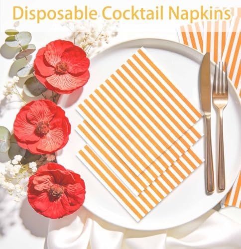 SietDESEO 50 Pieces Orange Striped Napkins Disposable 3-Ply Orange and White Striped Cocktail Napkins Paper Dinner Napkins for Birthday Baby Shower Wedding Party Beverage Napkin