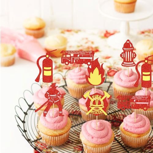 Ercadio 24 Pack Fireman Cupcake Toppers Red Glitter Fire Department Cake Topper Fireman Cupcake Picks for Fire Theme Baby Shower Birthday Party Cake Decoration Supplies
