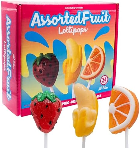 Fruit Shape Lollipops Candy 24ct, Strawberry, Orange, and Banana Flavor, Colorful, Perfect for Displays, Baking Toppers, Refreshing Summer Time Suckers, Individually Wrapped