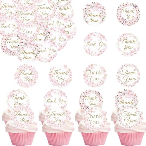 36PCS Edible Cherry Blossoms Thank You Cupcake Toppers Pink Edible Cherry Flowers Cake Decor Wafer Paper Thank You Cupcake Topper for Flowers Theme Baby Shower Birthday Party Decor Supplies