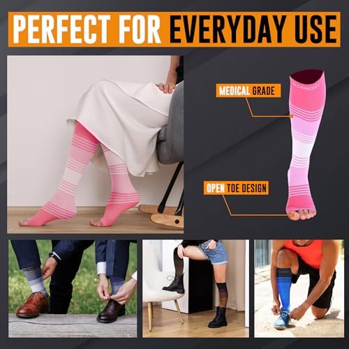 Doc Miller Open Toe Compression Socks for Women & Men – 20–30 mmHg Knee High Compression for Swelling, Varicose Veins & Leg Pain – Wide Calf Toeless Design for Work, Travel & Everyday Wear - 1 Pair