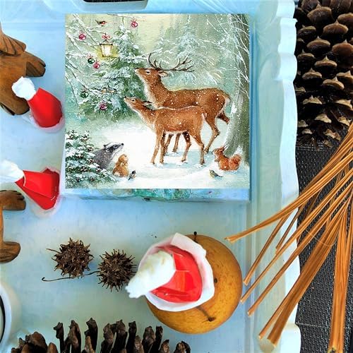 20-ct 13x13 Snowfun Christmas Napkins for Decoupage - Winter Animal Paper Napkins With Deer in Forest Snow Scene - Beautiful Holiday Napkins for Kids