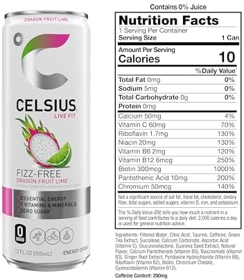 CELSIUS Fizz Free Dragon Fruit Lime, Sugar Free Energy Drink, 12 Fl Oz (Pack of 12)