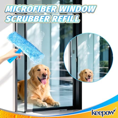 KEEPOW 10" Professional Microfiber Window Scrubber Refill Replacement Compatible with MR.SIGA, Compatible with Ettore Window Cleaning Tools, Reusable & Washable Window Squeegee for Home (2 Pack)