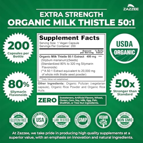 Zazzee USDA Organic Milk Thistle 50:1 Extract, 80% Silymarin Flavonoids, 200 Vegan Capsules, 6+ Month Supply, Silybum Marianum, Liver Support & Detox Support, Organic All-Natural, Non-GMO, Made in USA