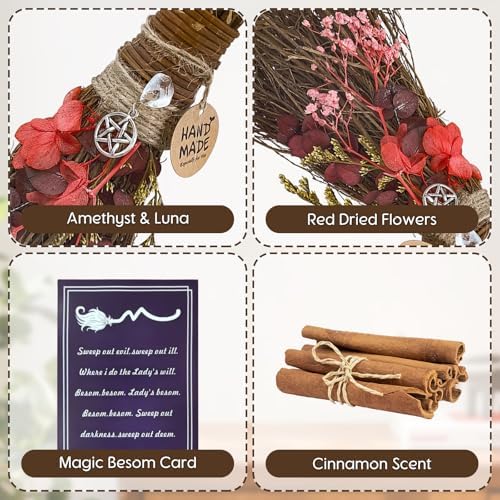 Cinnamon Broom 7.5 Inch Witch Broom for Altar Magic Crystal Handmade Mini Cinnamon Broomstick Scented Natural Herbal Protection Witchcraft Supplies for Wiccan Décor Witchy Gifts (Red)