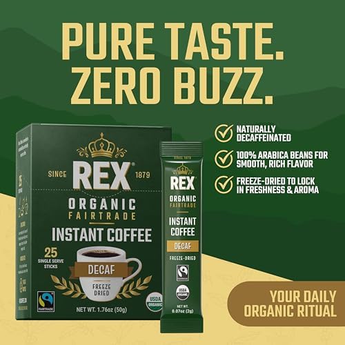 Rex Coffee Organic Fairtrade Natural Decaf Freeze-Dried Instant Sticks – Naturally Decaffeinated Arabica, 25 Single-Serve Packs – Lab Tested for Mold, Mycotoxins, Heavy Metals, & Acrylamide