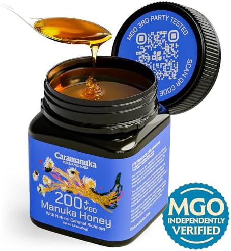 Caramanuka Manuka Honey MGO 200 – 100% Raw & Unfiltered Australian Honey, Independently Lab-Tested for MGO & Glyphosate, Bold Caramel-Like Flavor, 8.8 oz (250g)