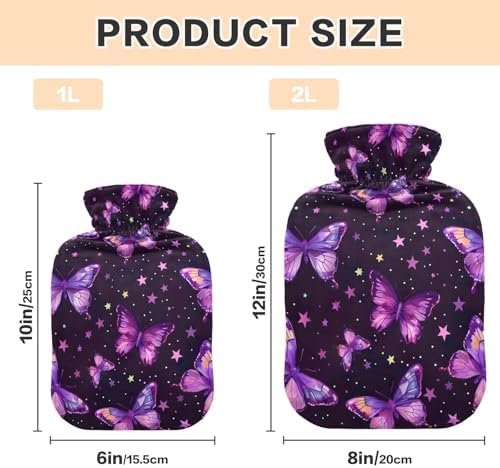 Hot Water Bottle with Cover, 2L Cute Hot Water Bags for Neck, Shoulders and Legs Pain Relief, Menstrual Cramps, Hot and Cold Compress, Purple Butterflies and Stars
