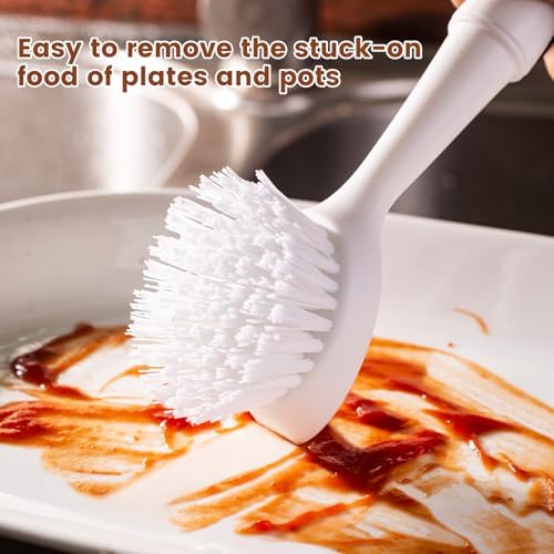 Dish Brush with Handle, Dish Scrub Brush with Built-in Scraper, Nylon Dish Scrubber, Kitchen Brushes for Dishes,Pots, Pans and Sinks 2 Pack