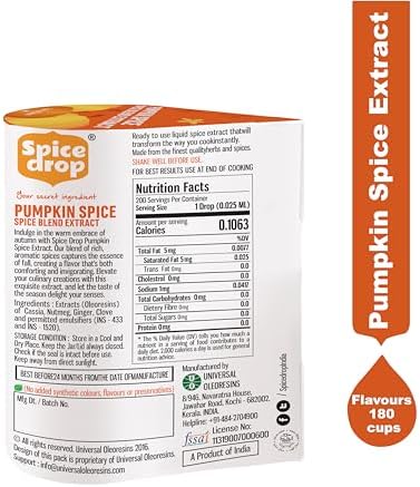 Spice Drop Pumpkin Spice Extract - Up to 180 Drops Per Bottle | Coffee, Cooking, Baking, Dessert | Rich In Quality And Aroma | No Added Color or Preservative | Vegan , Pack of 1