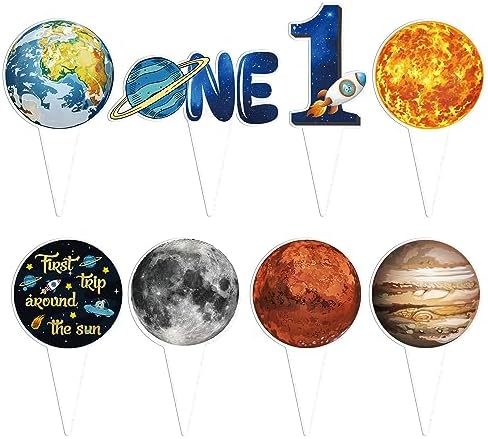 Gyufise 40Pcs First Trip Around The Sun Cake Topper 1st Birthday Cake Decorations Space Cupcake Toppers For Baby Boys Girls Planets Solar System Theme Party Supplies