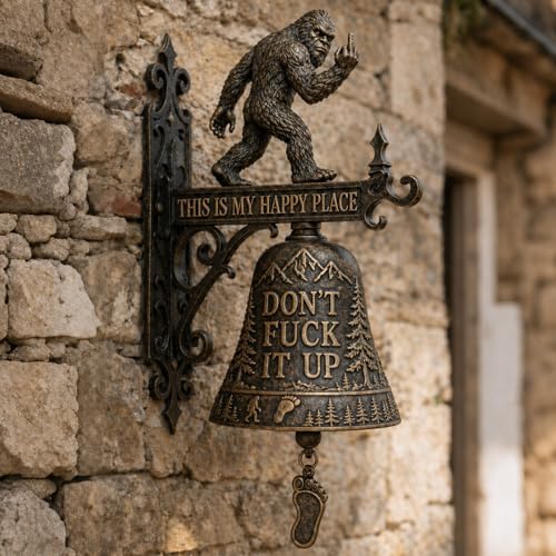 Bigfoot Funny Wall Bell, This is My Happy Place Rustic Bigfoot Doorbell Decor, “Don’t Fuck It Up” Bigfoot Doorbell,Funny Bell for Man Cave Garden Outdoor Wall Decor (#A)
